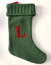 Monogram Letter Initial Red "L" Green Knit Christmas Stocking 18" Lined NEW