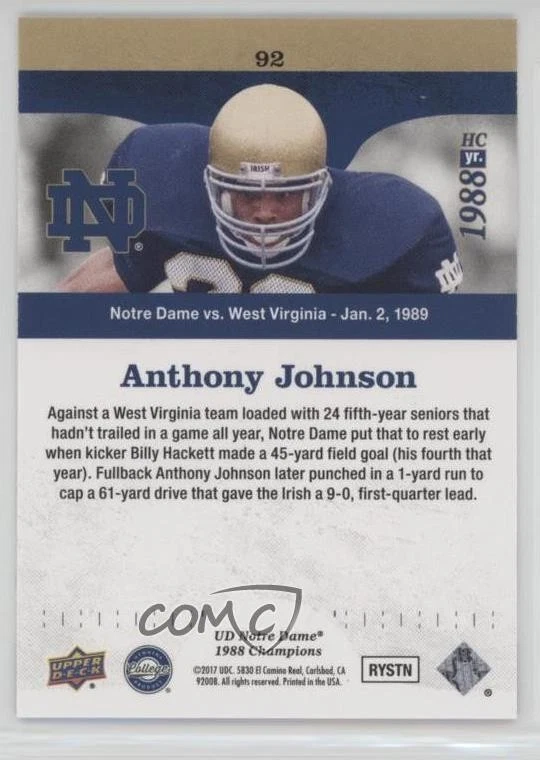 2017 Upper Deck Notre Dame 1988 Championship Blue /88 Anthony Johnson #92 - Image 2 of 2