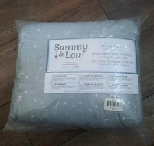 Sammy & Lou 3 Piece Crib Set  - Quilt, Skirt, Sheet Gray With White Moon & Stars