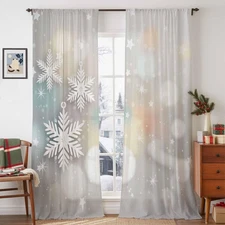 Christmas Snowflake Semi Sheer Curtains 84 inches Long, White Stars Winter Sn...
