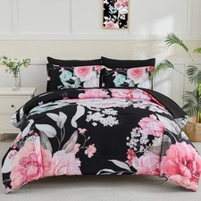 Queen Comforter Set 7 Piece Bed in a Bag,Pink Floral Botanical Pattern Black