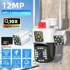 3 Lens HD 12MP WiFi IP Camera Wireless Outdoor CCTV PTZ Home Security IR Cam