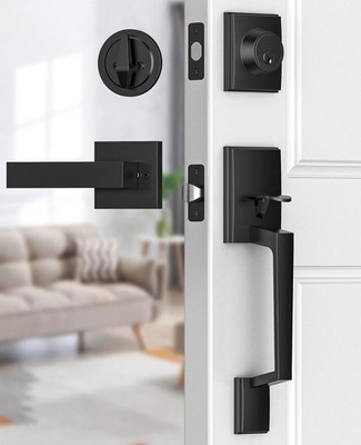 Brightify Black Front Door Handle, Matte Black Exterior Door Handle with Door...