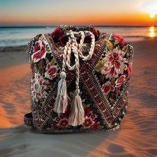 Johnny Was Embroidered Floral Bucket Drawstring Bag/Backpack w/ Tassel Accent