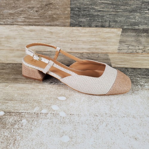 Donald Pliner Revel Womens Pumps Sz 8.5 Natural Sand Buckle Slingback Block Heel