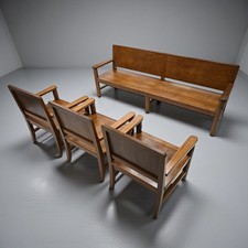 Large French Deco Bench & 3 Chairs P Bouillot Label Oak 1930s FREE* Delivery