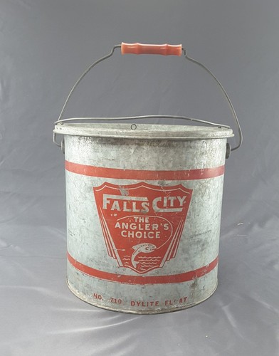 VINTAGE FALLS CITY NO. 710 DYLITE FLOAT galvanized metal MINNOW BUCKET - Afbeelding 1 van 8