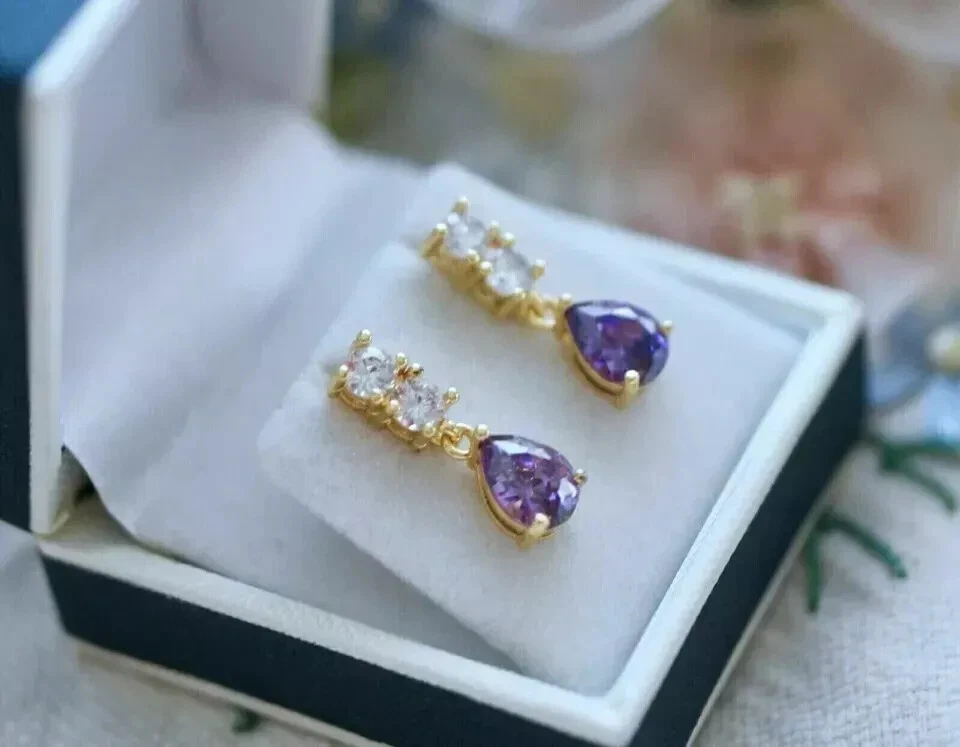 2.2Ct Pear Simulated Purple Amethyst Drop Dangle Earrings 14K Yellow Gold Plated - Image 3 of 4