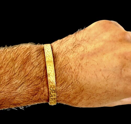 Mens 14K Solid Yellow Gold Greek Key Cuff Bangle Bracelet 22.3 Grams - Picture 3 of 10