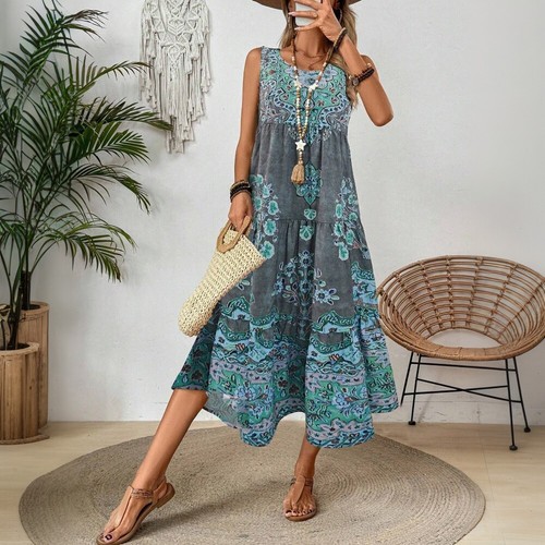 Damen Drucken Sommerkleid Strandkleid Ärmellos A-Linie-Kleid Urlaub PartykleidWC - Bild 8 von 26