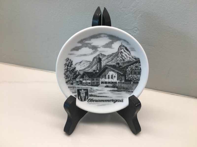 Black and White Porcelain Oberammergau German Collectors Plate on Black Stand