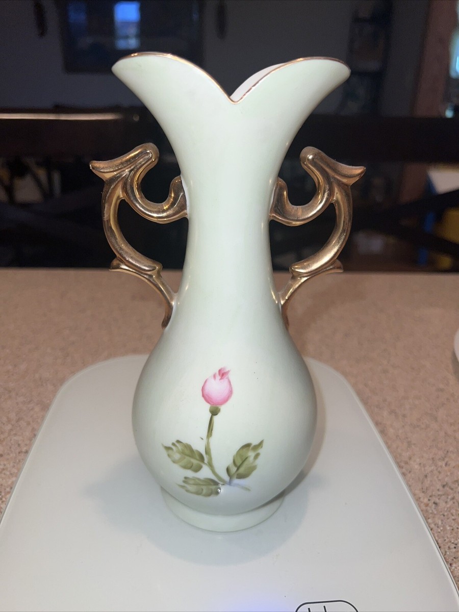 Lefton Heritage Vase Green hand painted #4072 pink roses 14k