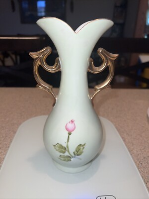 Lefton Heritage Vase Green hand painted #4072 pink roses 14k