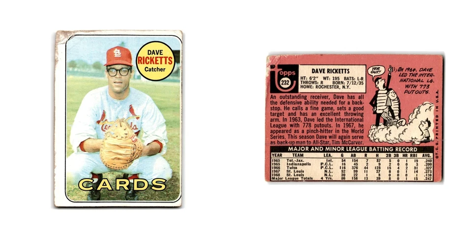 Dave Ricketts 1969 Topps #232 St. Louis Cardinals Baseball Card Poor - Image 3 of 3