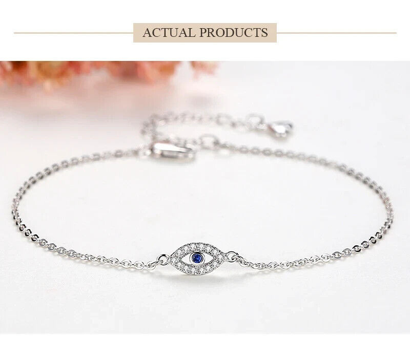 "Pulsera ojo de la suerte diamantes simulados plata de ley 925 8"" ajustable"