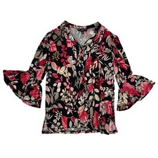N Touch Women's Petite 3/4 Bell Sleeve Floral Pleated Flowy Top Size PM Stretch