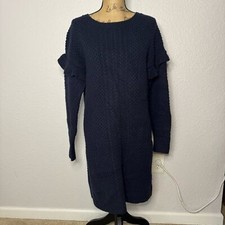 J Crew Cable Knit Ruffle Sleeve Navy Sweater Dress Size S Knee Length Preppy