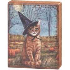 Primitives by Kathy Tabby Cat as a Witch Halloween Rustic Fall Wood Block Sign