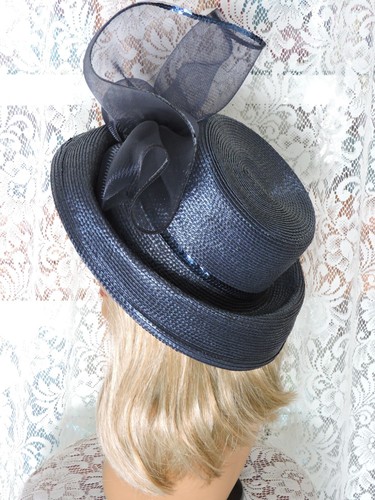 Vintage Ladies Deep Navy Poly Straw Derby Hat w/ Huge Bow on The Front - Picture 2 of 6
