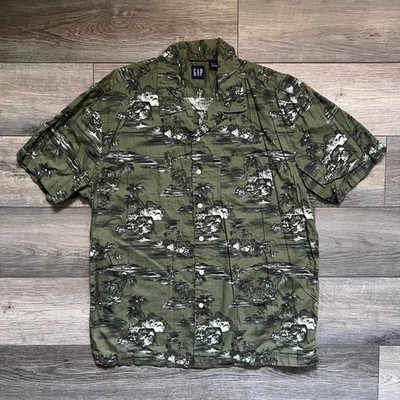 Vintage GAP Men's L Hawaiian Camp Shirt Green Loop Collar Short Sleeve Button-Up