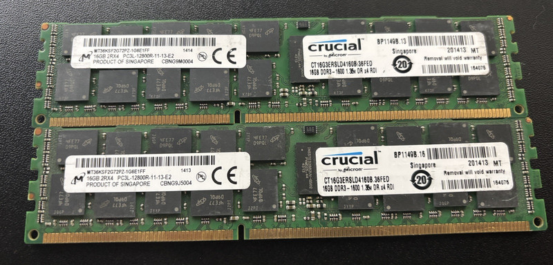 Crucial  | 32 GB Total - CT16G3ERSLD4160B | 16GB DDR3L-12800 PC3L-1600 Server