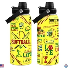 32oz Insulated Stainless Steel Water Bottle - Softball Gift for Players &