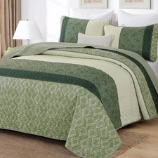 Green King Size Quilt Set - Striped Plaid Microfiber Bedding with 2 Shams