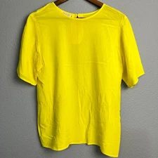 Tess Silk Short Sleeve Blouse Bright Yellow Quiet Luxury Keyhole Back Size M