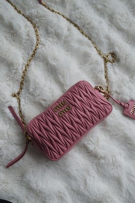 Miu Miu Pink Matelasse Mini Crossbody Bag Gold Chain Strap Zip Dust Bag