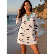 Talbot's School Of Fish 100% Linen Shift Dress Aqua Beaded Neckline Size Small