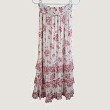 Floral Tiered Ruffle Maxi Skirt S Pink White Long Flowy Coquette Cottage Boho