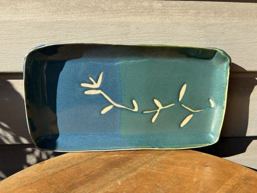 Blue Green Trailing Bamboo Botanical Studio Art Pottery Tray Plate 13" Signed