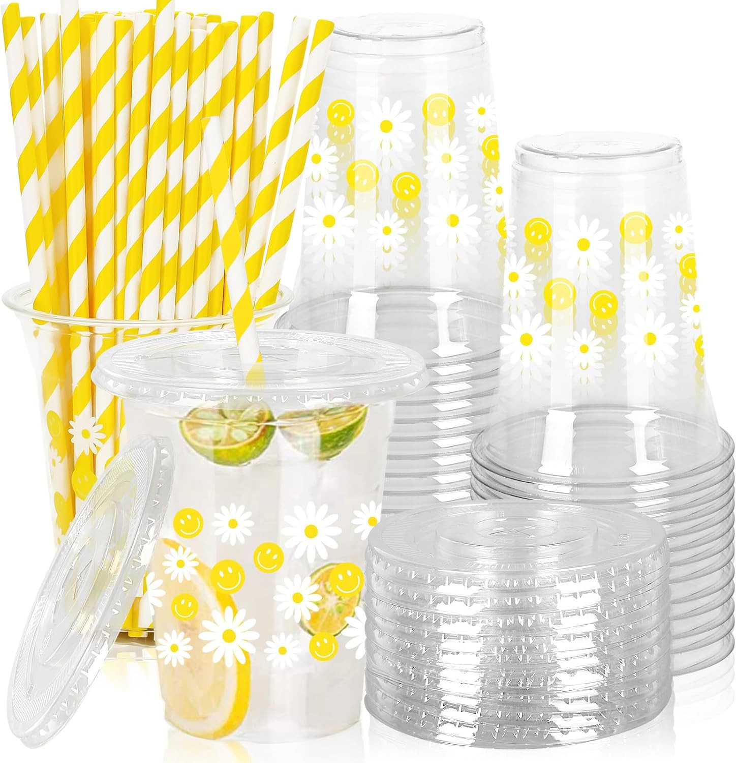 50Pcs Clear Smiley Face Daisy Plastic Cups with Lids and Straws
