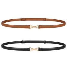 2 Pack Women Skinny Faux Leather Belts Thin Waist Belts With Adjustable Gold ...