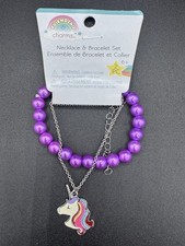 Friendship Charms Unicorn Jewelry Set Necklace Bracelet Purple Silver Kids
