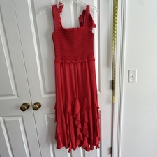 Alice + Olivia Stretch Smocked Bodice Midi Ruffle Dress Poppy Solid Red - 6
