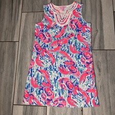 Lilly Pulitzer Harper Dress Girls Large L 8-10 Cosmic Coral Cracked Up Pink Blue