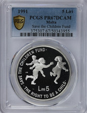 1991 MALTA 5 Liri Save the Children Fund Silver Coin Km# 92 PCGS PR 67 DCAM