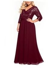 Womens Plus Size Formal Dresses - V Neck 3/4 Sleeve Sequin 20 Plus Burgundy