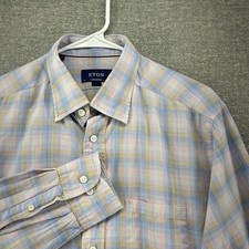 Eton Contemporary Long Sleeve Shirt Men Size 16.5/42 Large Light Blue Pink Plaid