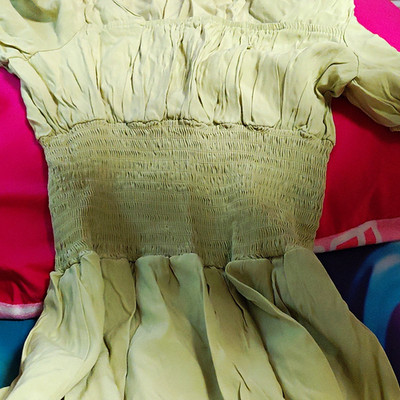 Green Smocked Chiffon Midi Dress S Square Neck Puff Short Sleeve A-Line