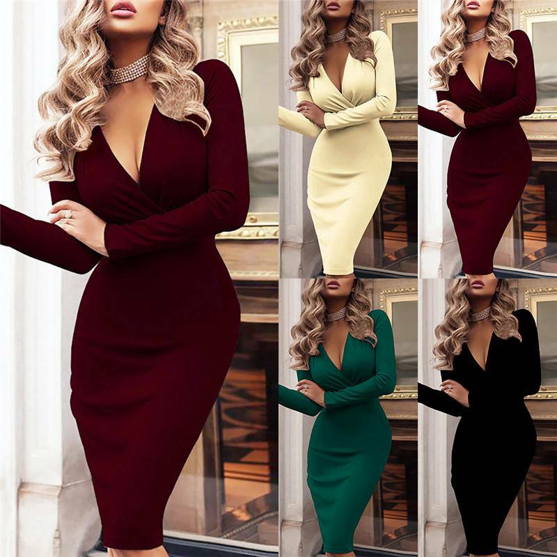 Long Dresses V Neck Cocktail Evening Party Womens Ladies Bodycon SEXY Midi  Dress