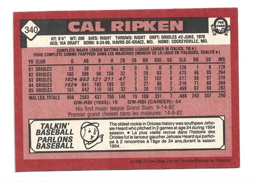 1986 O-Pee-Chee #340 Cal Ripken Jr. Baltimore Orioles Baseball Card OPC HOF Jr - Picture 2 of 2
