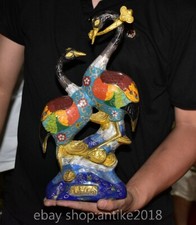 14.8" Old Chinese Bronze Cloisonne Gilt Feng Shui Animal Ru Yi crane Statue