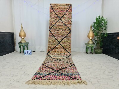 Moroccan Boujaad Handmade Runner 2'7''x11'7'' Berber Geometric Multicolor Wool Rug