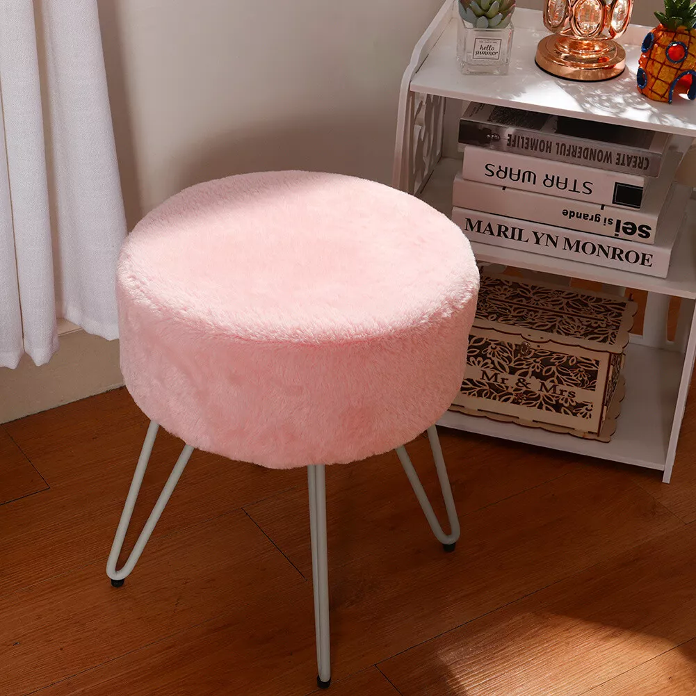 Fluffy Plush Padded Ottoman Stool Metal Leg Round Footstool
