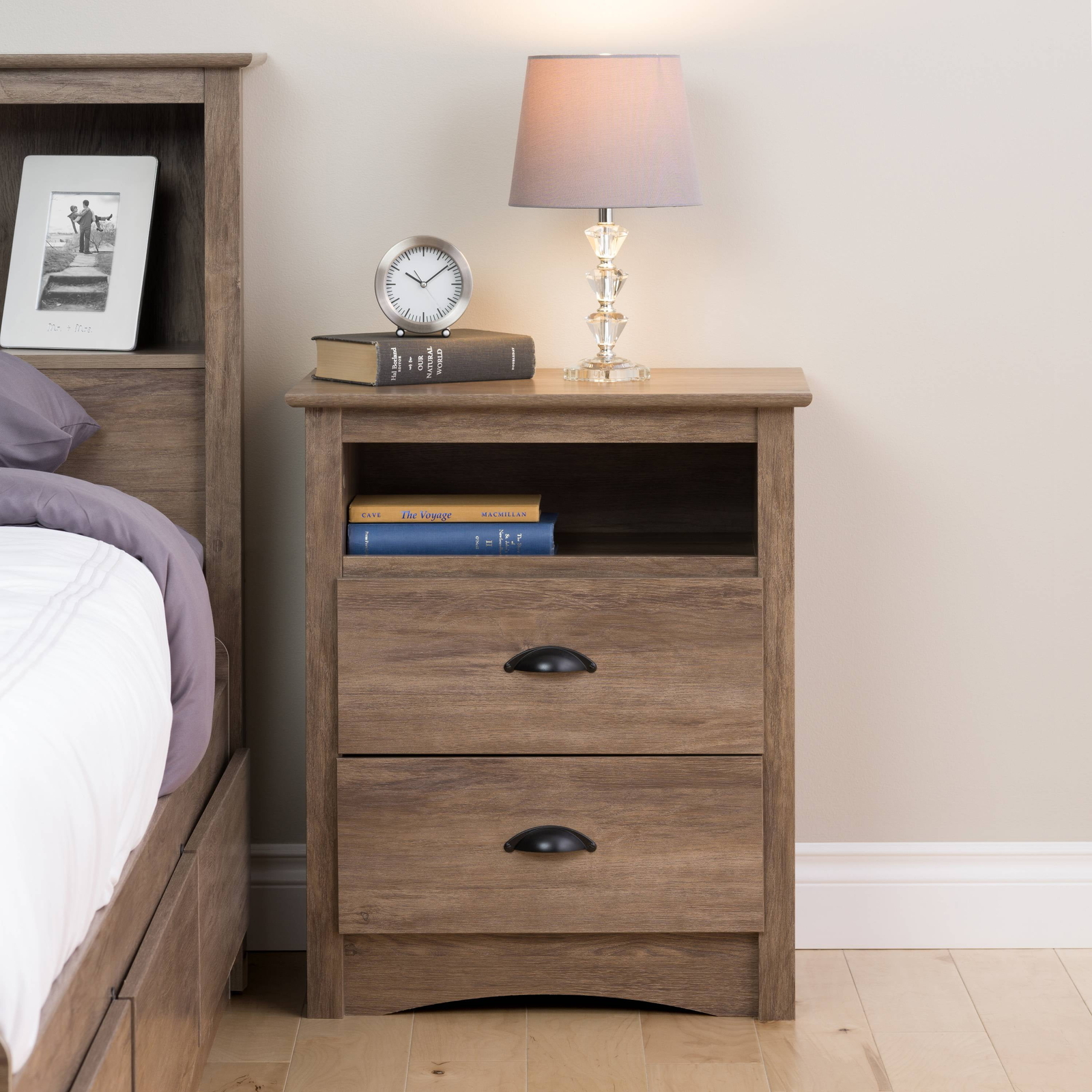 Gray 2-Drawer Nightstand with Open Shelf - Modern Bedside Table