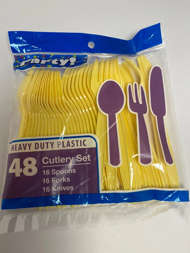 Juego de 16 cucharas, tenedores y cuchillos de plástico Ea amarillos 48 piezas nuevo con etiquetas  Foto 4 de 4