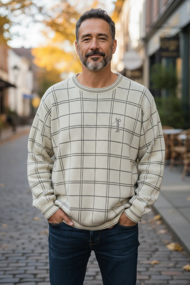 Suéter de golf vintage de eslabones de ciprés para hombre talla L bronceado ventana a cuadros hecho en EE. UU. Foto 2 de 4