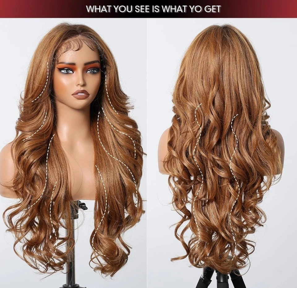 Peluca frontal de encaje HD mezcla cabello humano resaltados miel recta marrón 28 pulgadas Foto 2 de 4